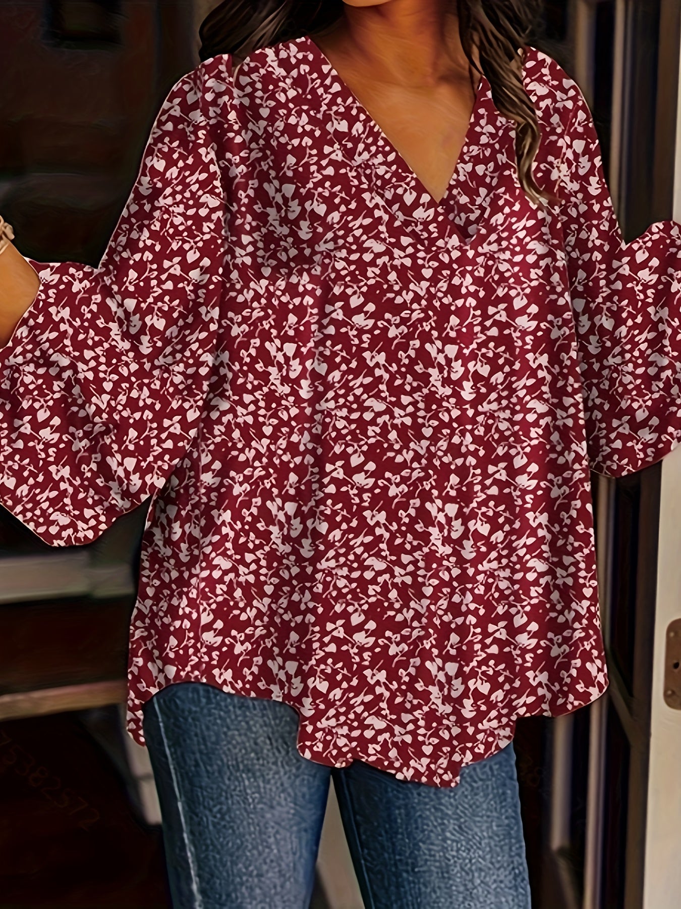 Plus Floral Print Lantern Sleeve V Neck Tunic Top
