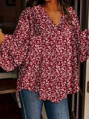 Plus Floral Print Lantern Sleeve V Neck Tunic Top