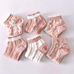 6 Pairs Floral Print Socks & Lightweight Low Cut Ankle Socks