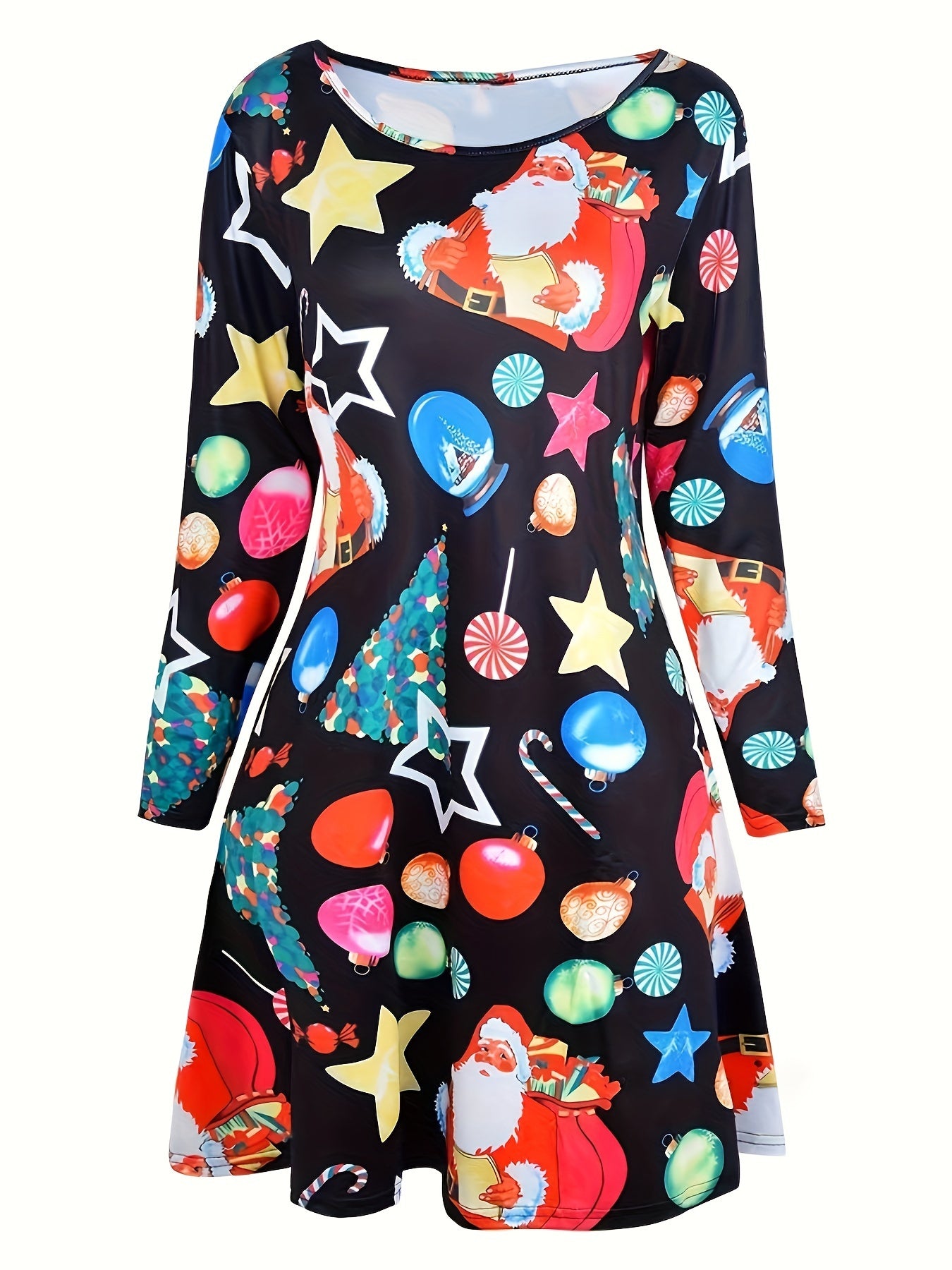  Women's Santa Claus Print Long Sleeve Maxi Dress