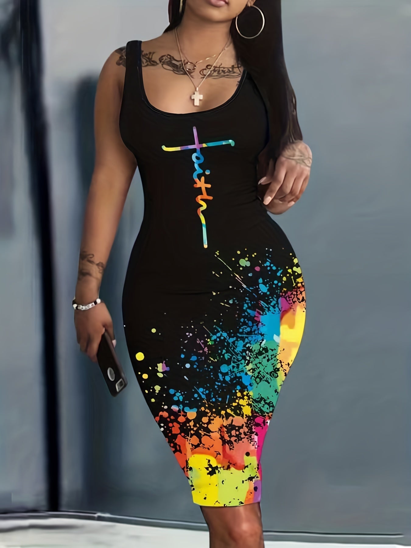  Casual Tank Dress Women's Plus Splash Painting & Art Letter Print