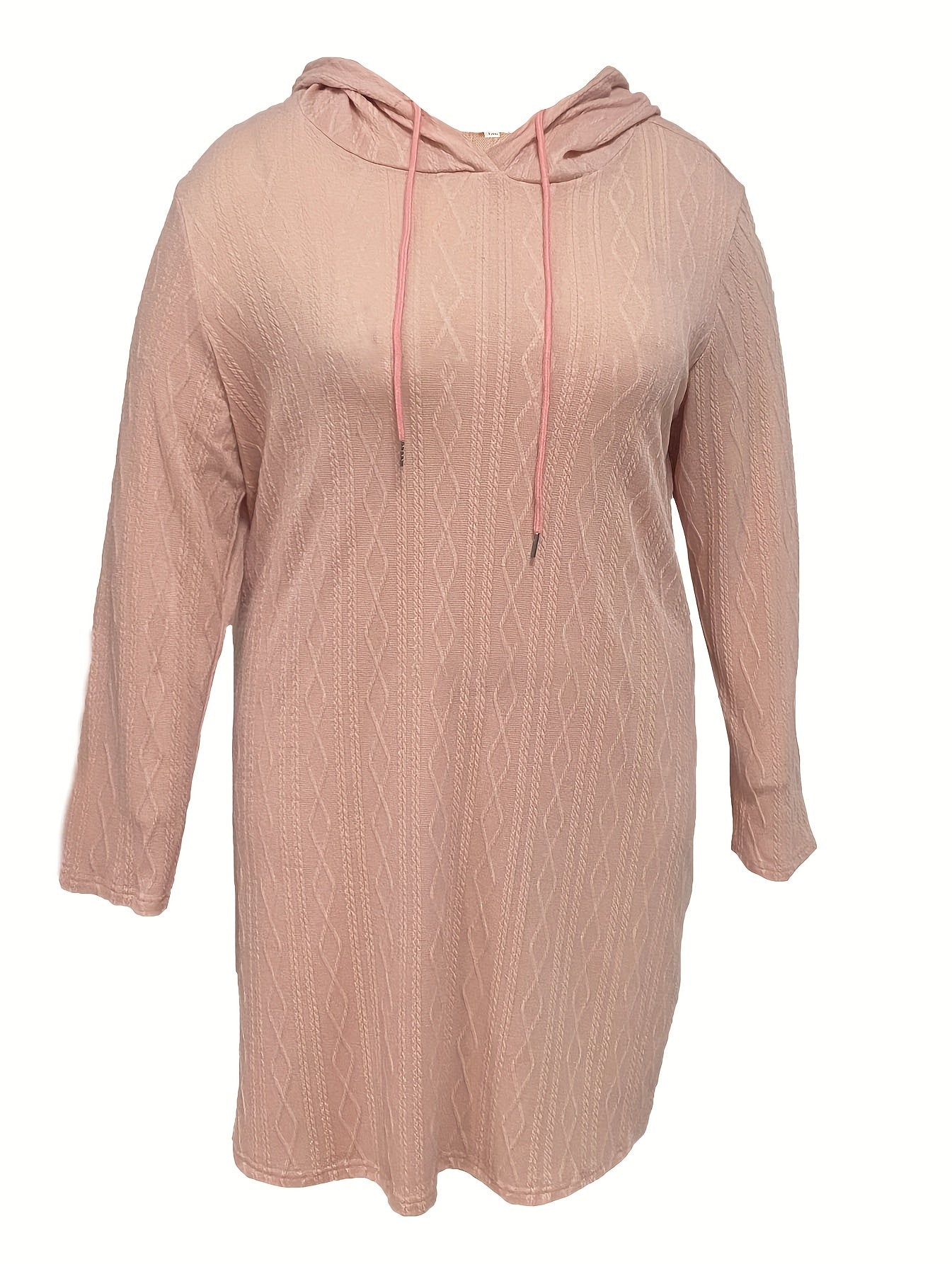  Solid Jacquard Long Sleeve Hooded Drawstring Mini Dress