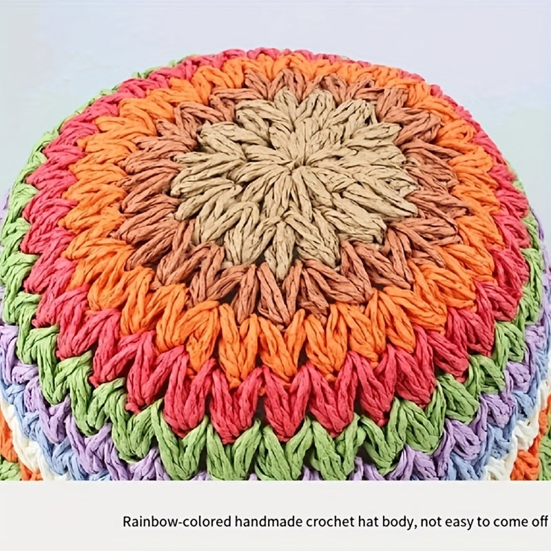 Rainbow Striped Crochet Beanie Elastic Straw Cloche Hats