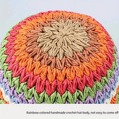Rainbow Striped Crochet Beanie Elastic Straw Cloche Hats