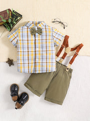 Baby Boy Gentleman 2pcs Set Plaid Shirt & Bib Pants Outfit
