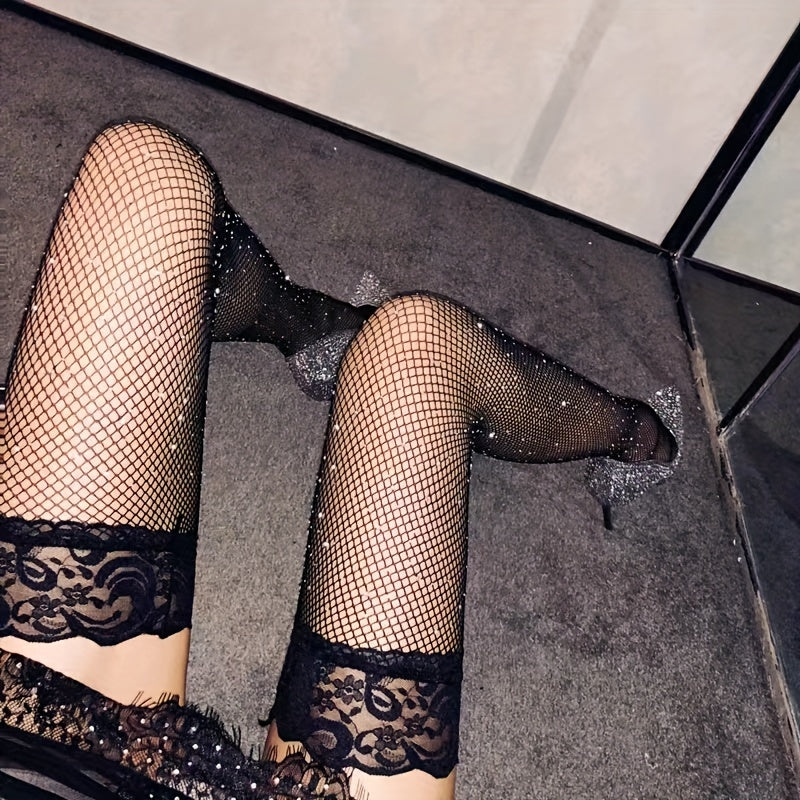 Rhinestones Thigh High Fishnet Stockings Lace Trim Over The Knee Socks