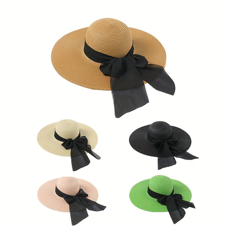 Big Bowknot Sun Hat Solid UV Protection Vintage Straw Beach Hats For Women