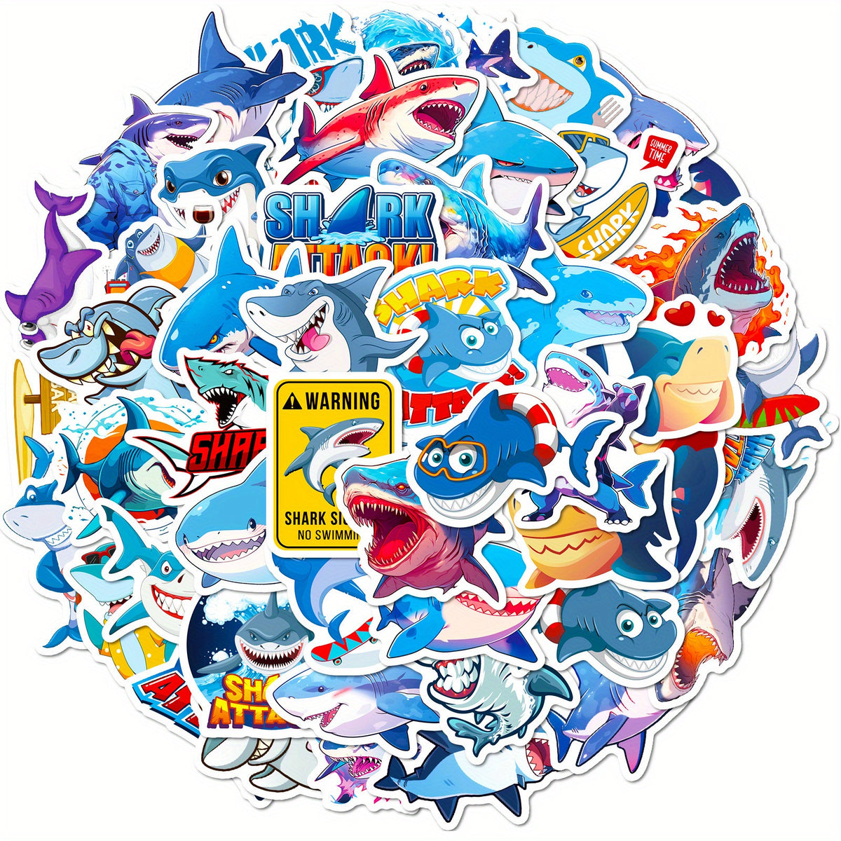 50Pcs Ocean Shark Sticker Cartoon Fierce Shark Marine Life Sticker