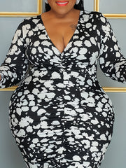  Sexy Dress Women's Plus Allover Print Ruched Long Sleeve V Neck Bodyco
