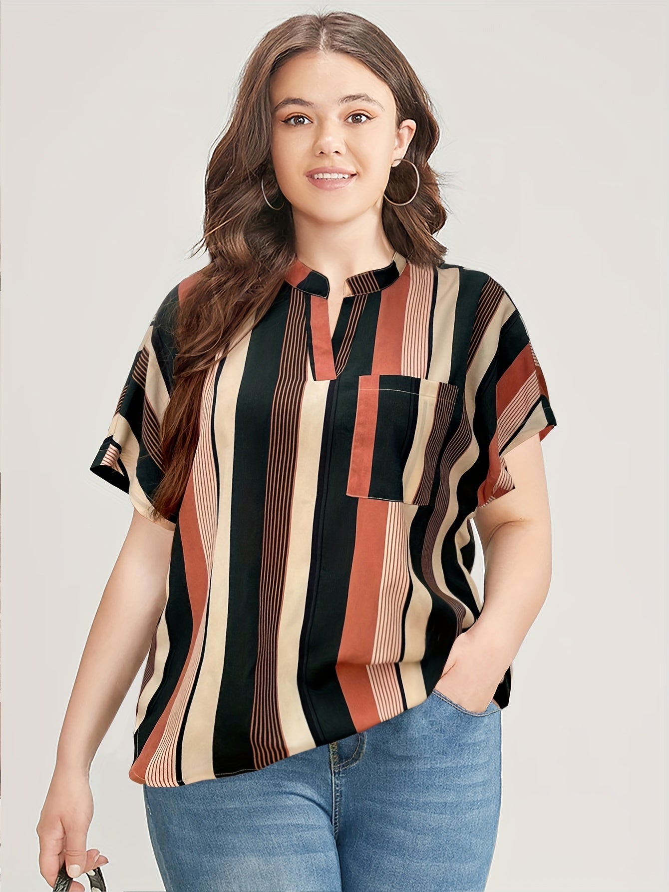  Striped Print Batwing Sleeve Notched Neck Top