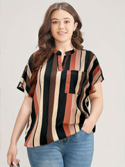  Striped Print Batwing Sleeve Notched Neck Top