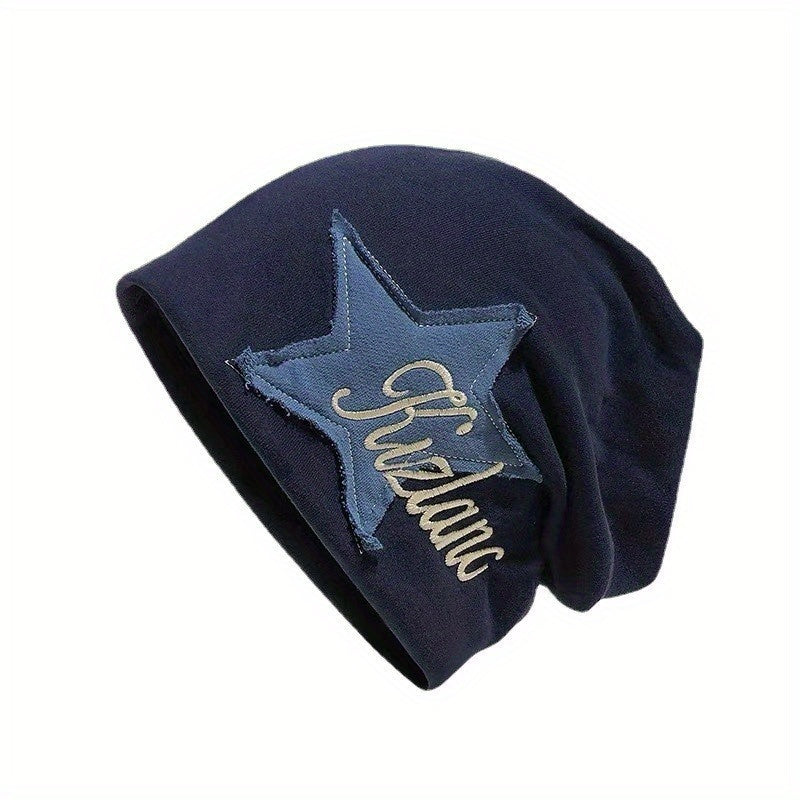 Vintage Star Patch Y2K Beanie Letter Embroidery Solid Skull Cap