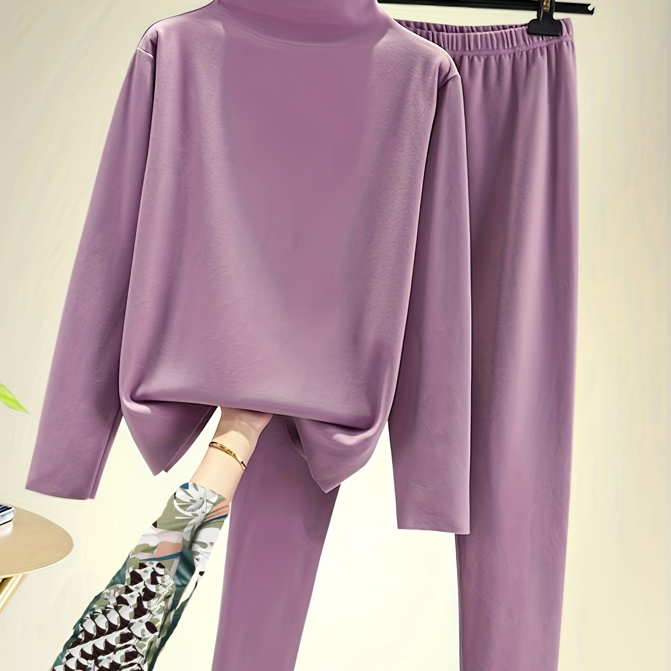  Solid Long Sleeve High Neck Top & Pants 2 Piece Set