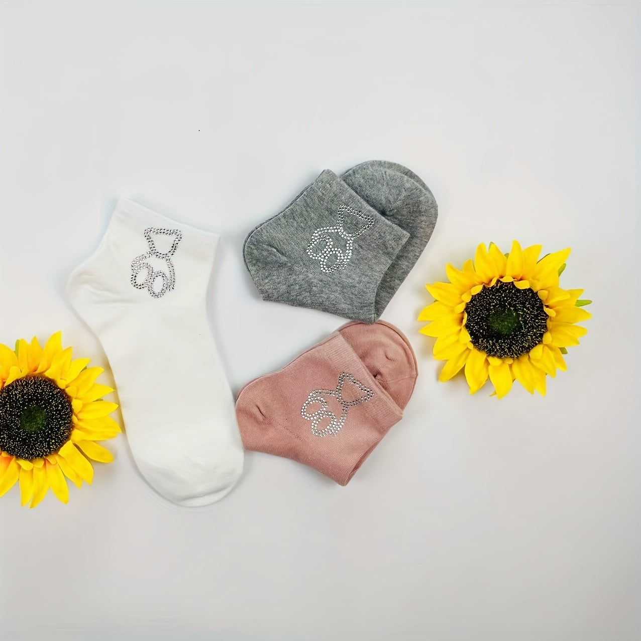 Bear Rhinestone Socks 5 Pairs Women's Crew Short Stockings & Hosiery