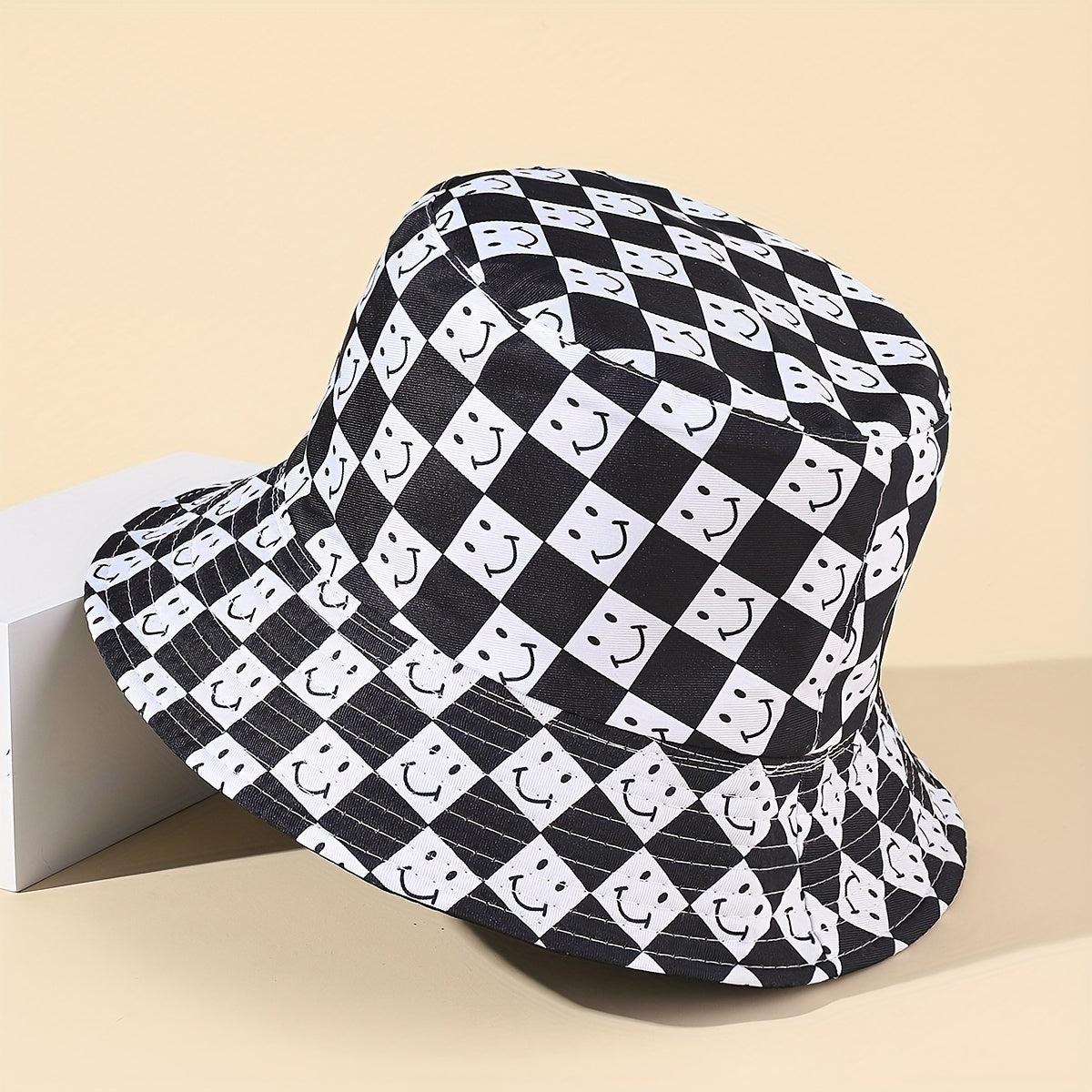 Mens Checkerboard Happy Face Polyester Bucket Hat