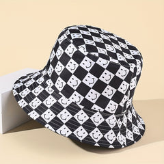 Smiling Face Print Bucket Hat Checkerboard Reversible Basin Hat