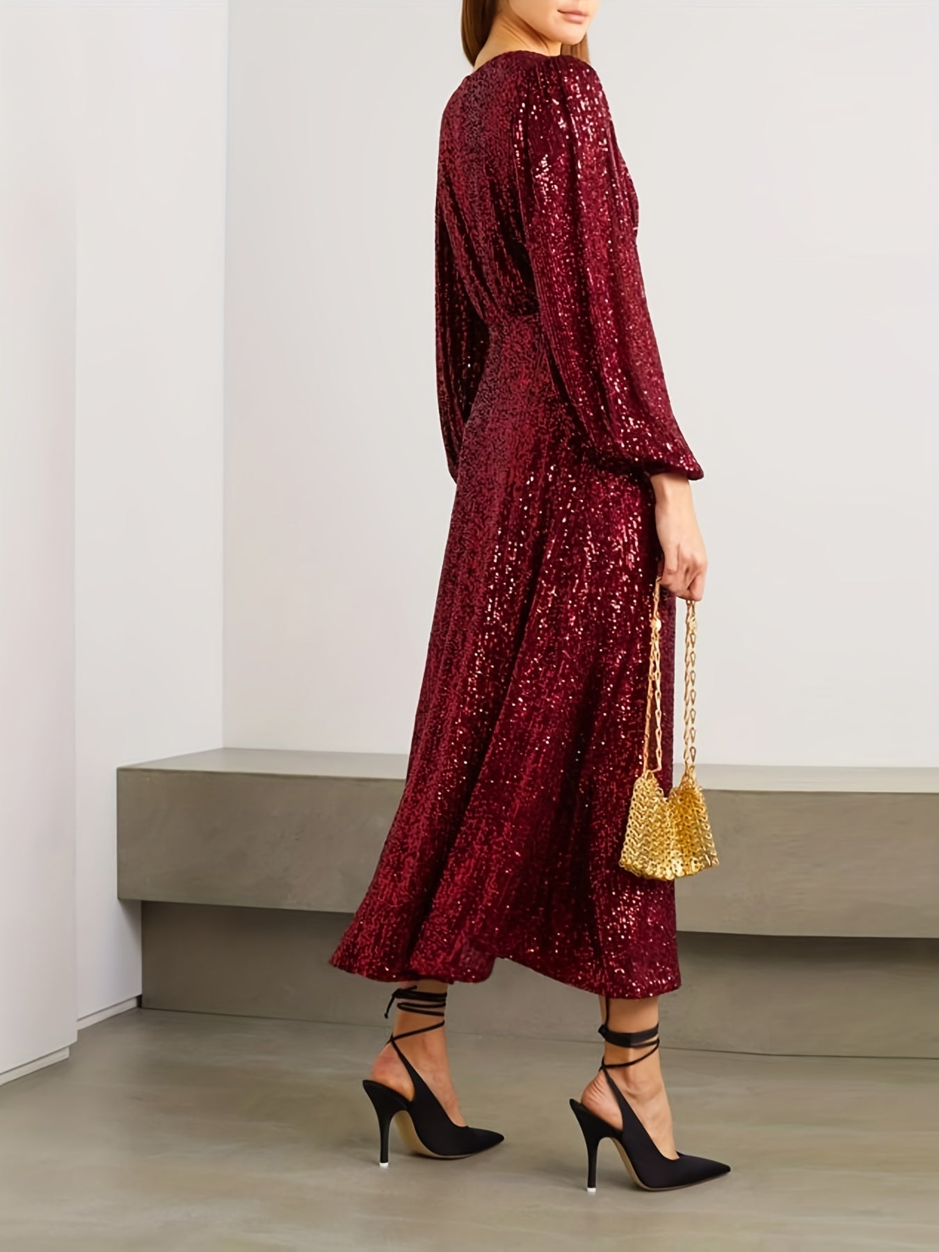 Sequined V Neck Long Sleeve Dress for Wedding Party