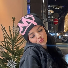Reversible Letter Jacquard Beanie Hip Hop Knitted Skull Hat Double Warm Knit Hat