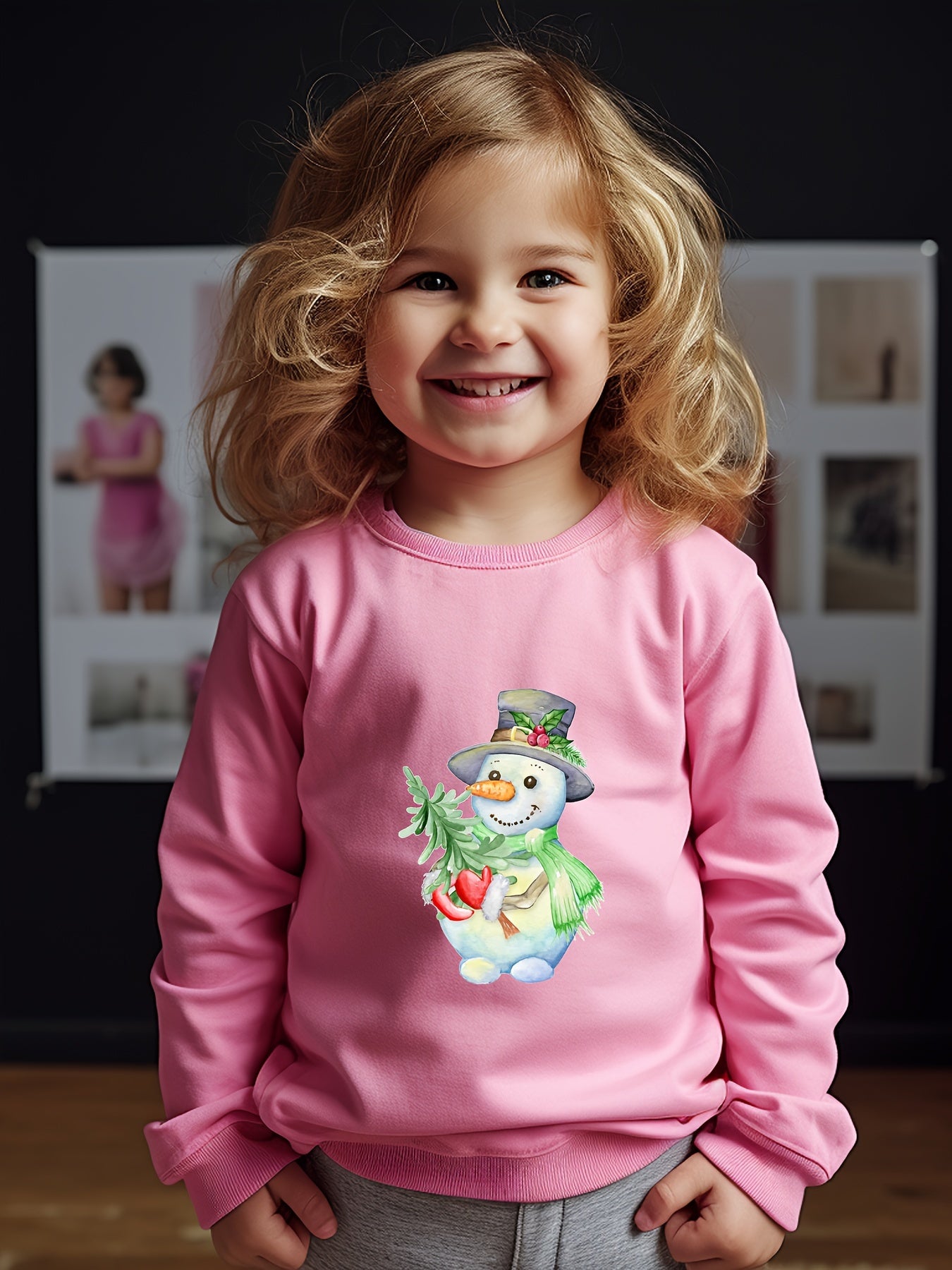 Christmas Snowman Print Girls Pullover Sweatshirt Long Sleeve Crew Neck Tops
