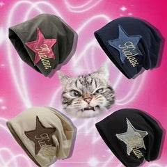 Vintage Star Patch Y2K Beanie Letter Embroidery Solid Skull Cap