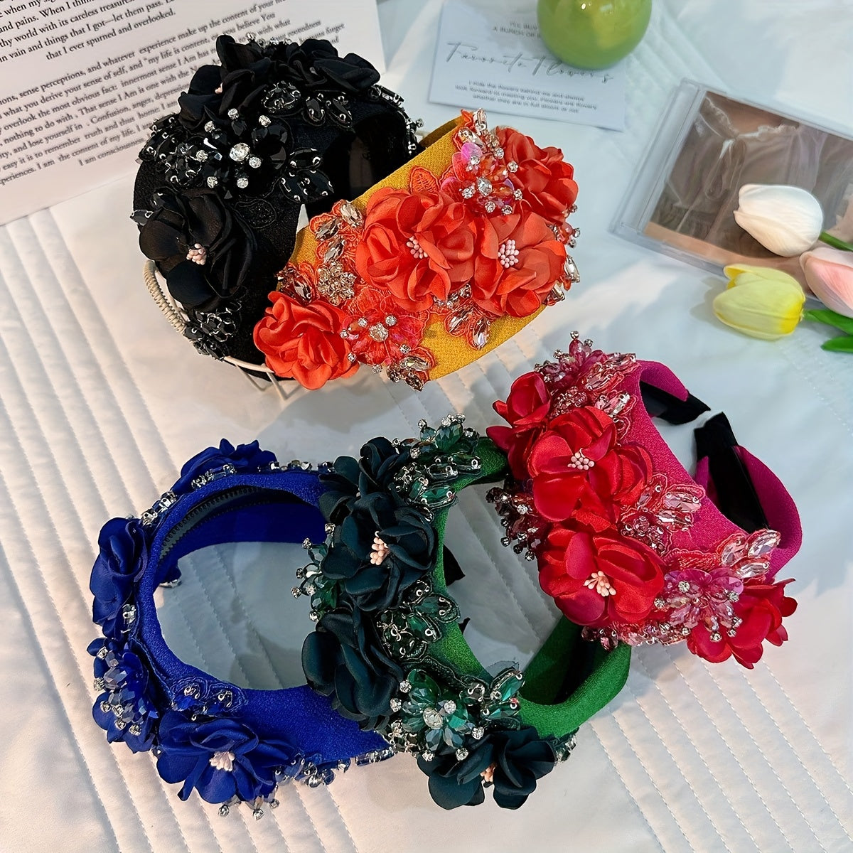 Crystal Mesh Flower Headband Wide Brim Hair Band