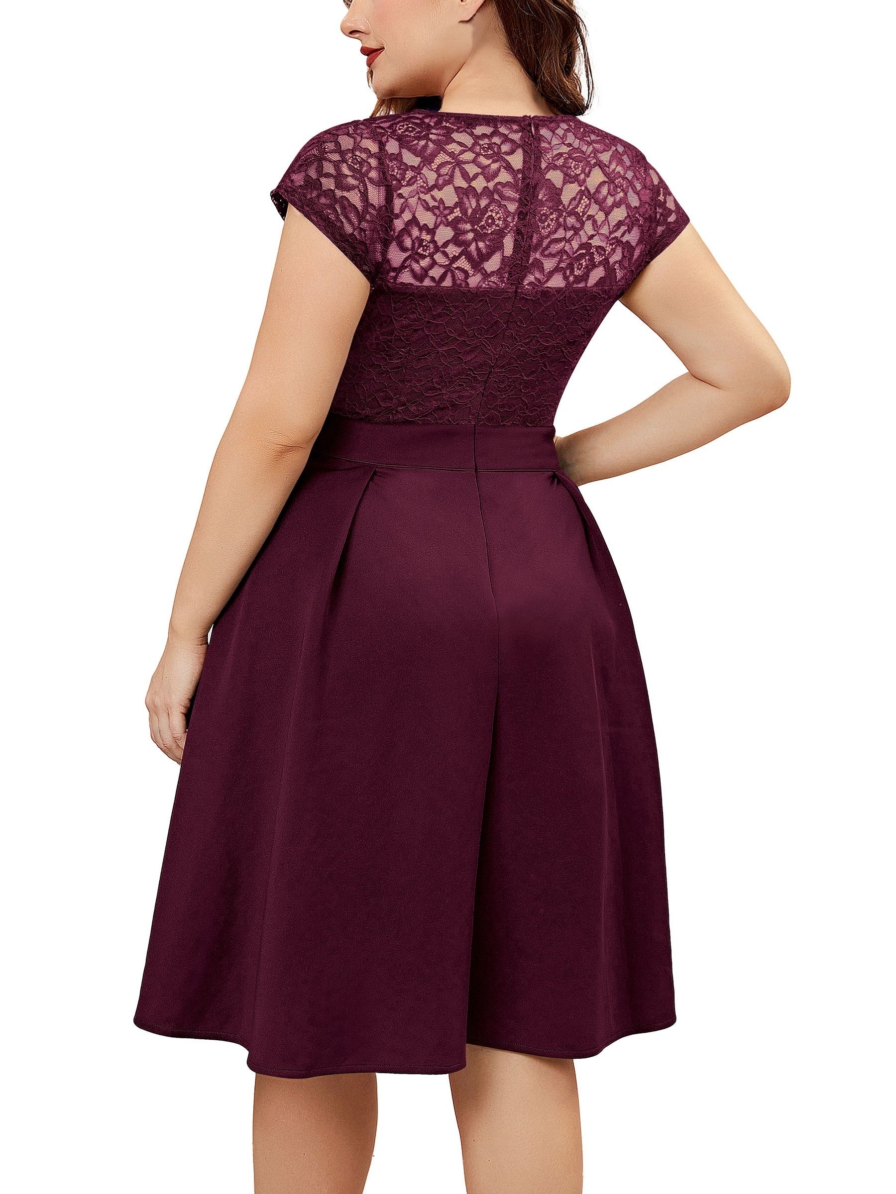  Contrast Lace Cap Sleeve V Neck A Line Dress