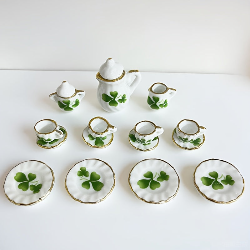 Miniature Tea Set for Dollhouse Decor, Tiny Cups & Teapot, Garden Scenes