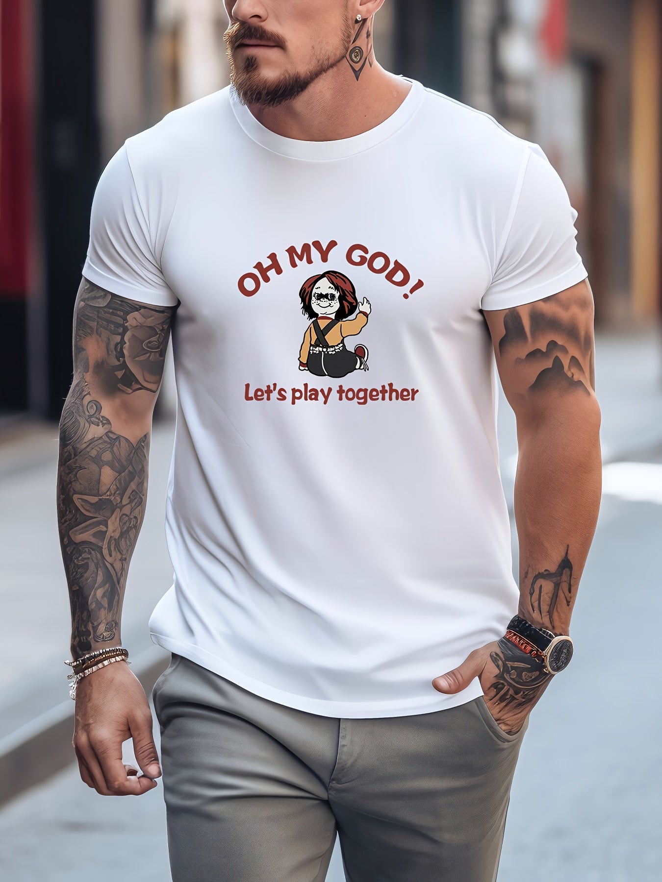 Men's Printed Sports T-shirt Round Neck Casual Tee Shirt