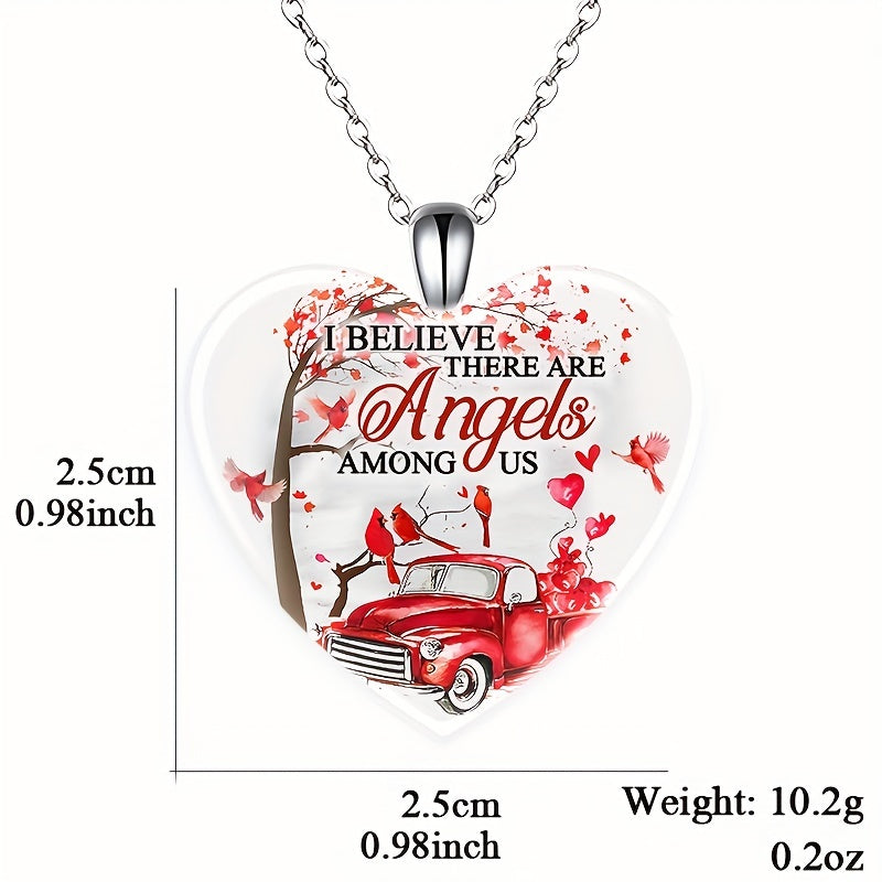 Red Bird & Car Love Heart Crystal Pendant Necklace for Women