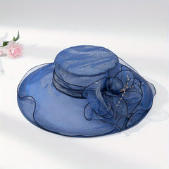 Organza Breathable Derby Hat Mesh Lace Flower Sun Hat Solid Church Hat