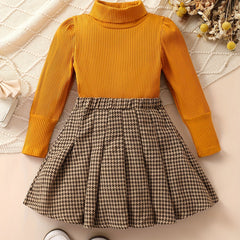 Girl's Preppy Style Turtleneck Top & Houndstooth Skirt Set