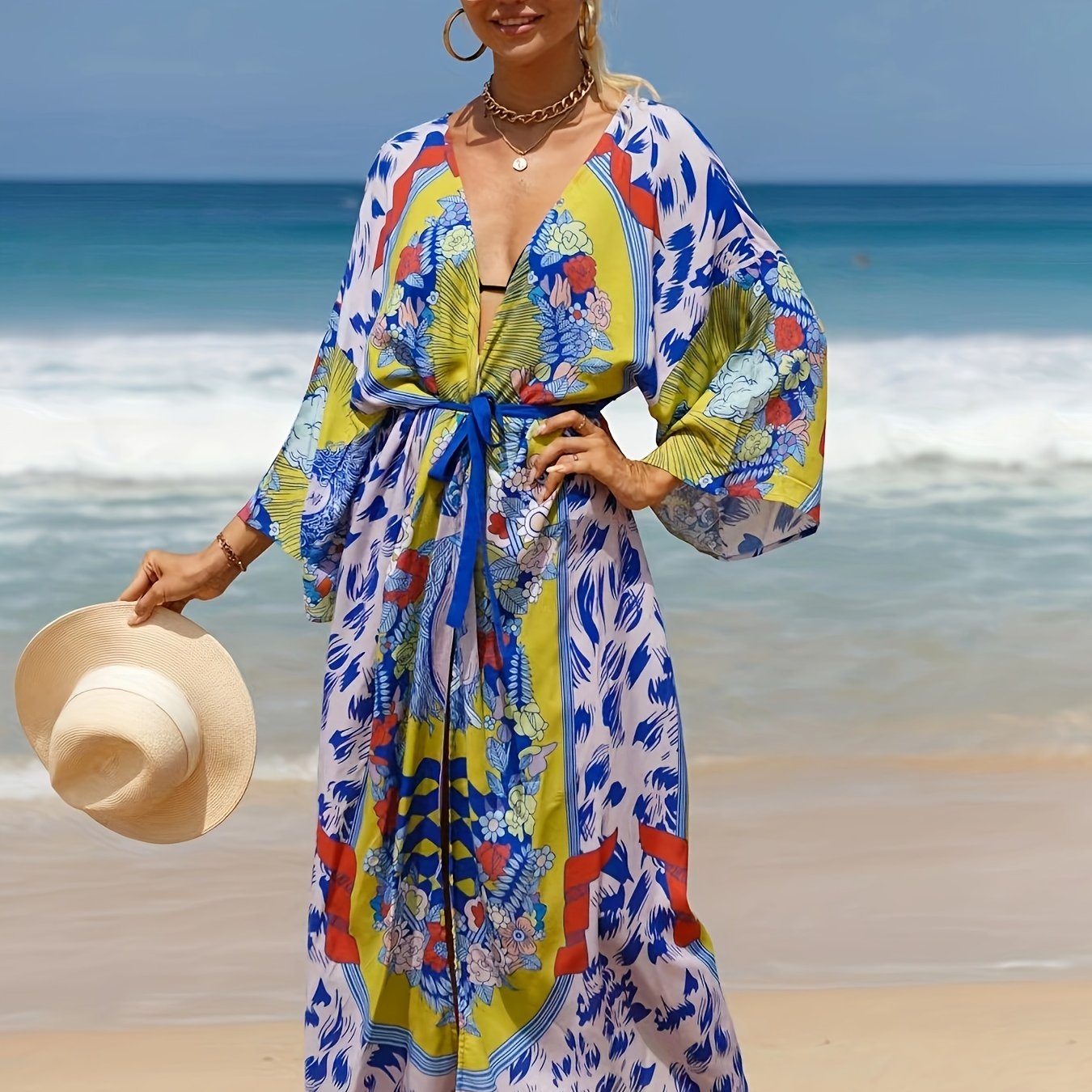 Plus Size Boho Kimono Women's Plus Painting Print V Neck Batwing Sleeve