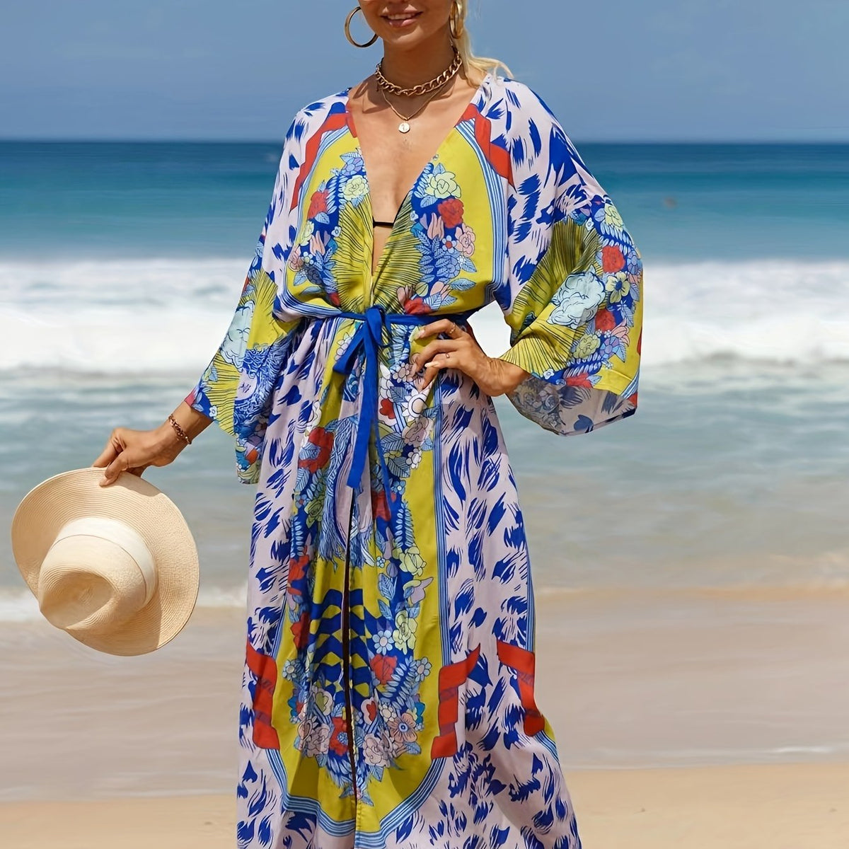 Plus Size Boho Kimono Women's Plus Painting Print V Neck Batwing Sleeve