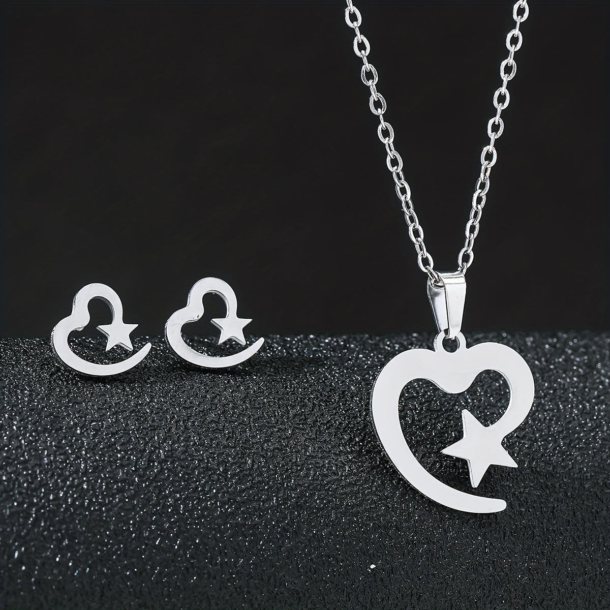 Stainless Steel Butterfly Flower Heart Stud Earrings & Necklace Set