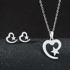 Stainless Steel Butterfly Flower Heart Stud Earrings & Necklace Set