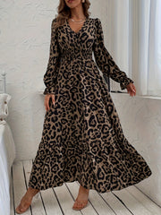  Leopard Print Flounce Sleeve Maxi Dress