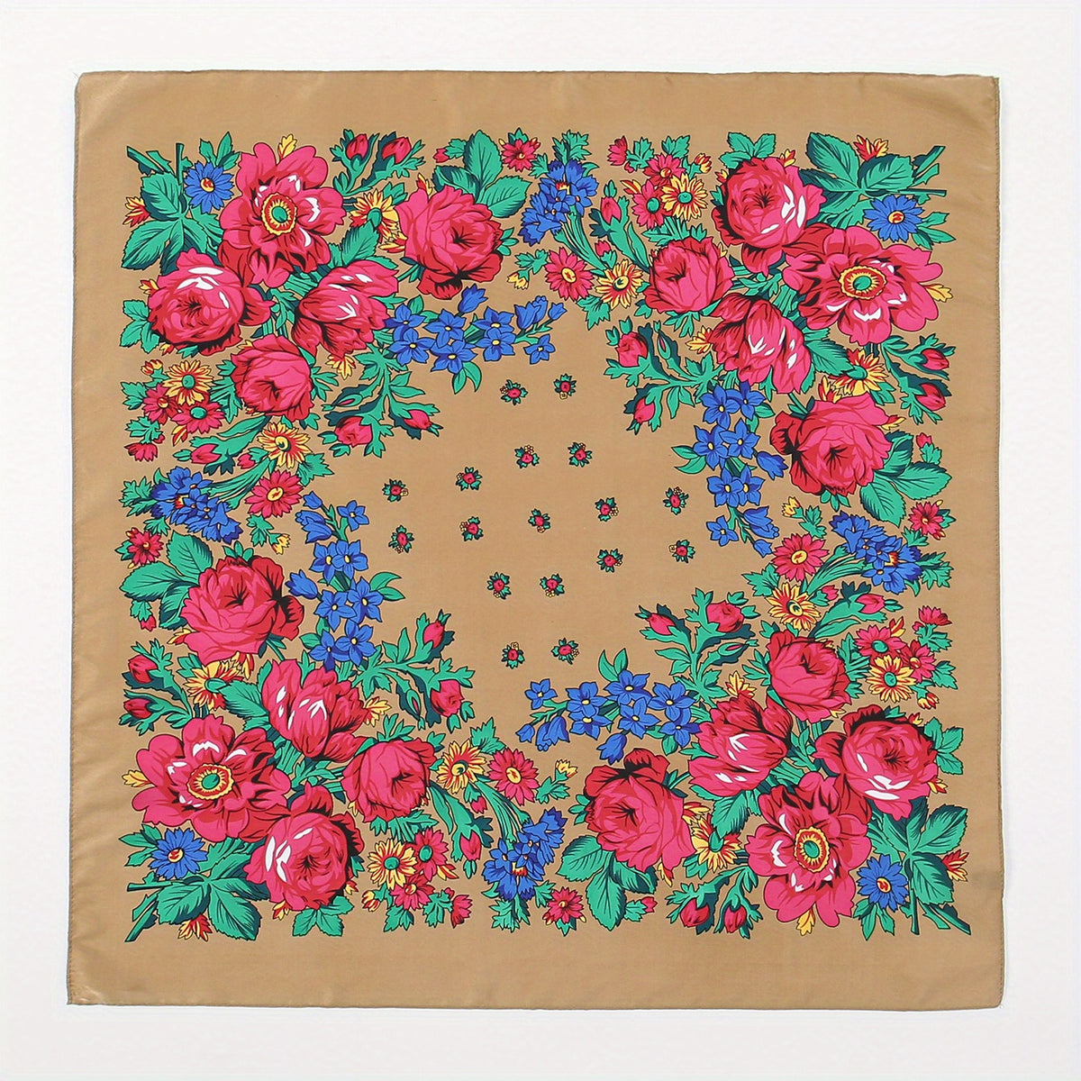 Boho Flower Print Brown Bandana Square Scarf Neckerchief Head Wrap