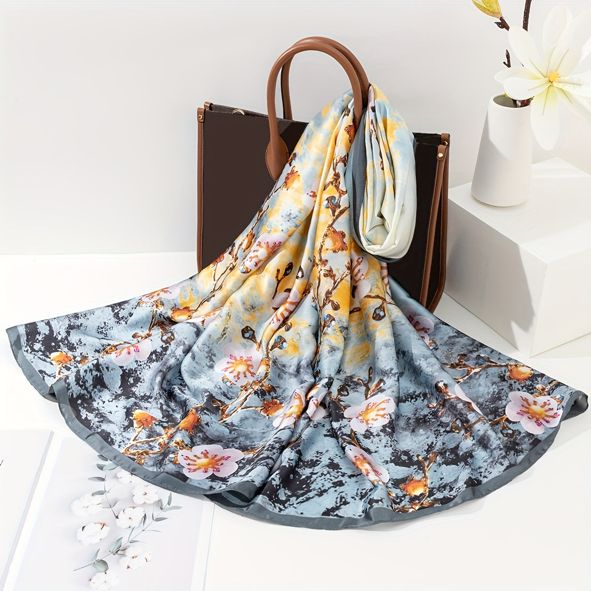 Plum Blossom Print Scarf Satin Head Wrap Silky Large Shawl Hair Accessories