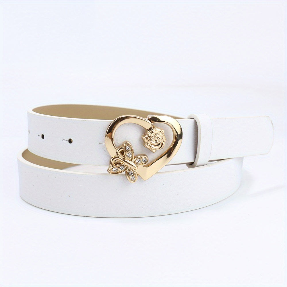 Rose Butterfly Heart Buckle Belt Classic Solid PU Leather Belt For Women