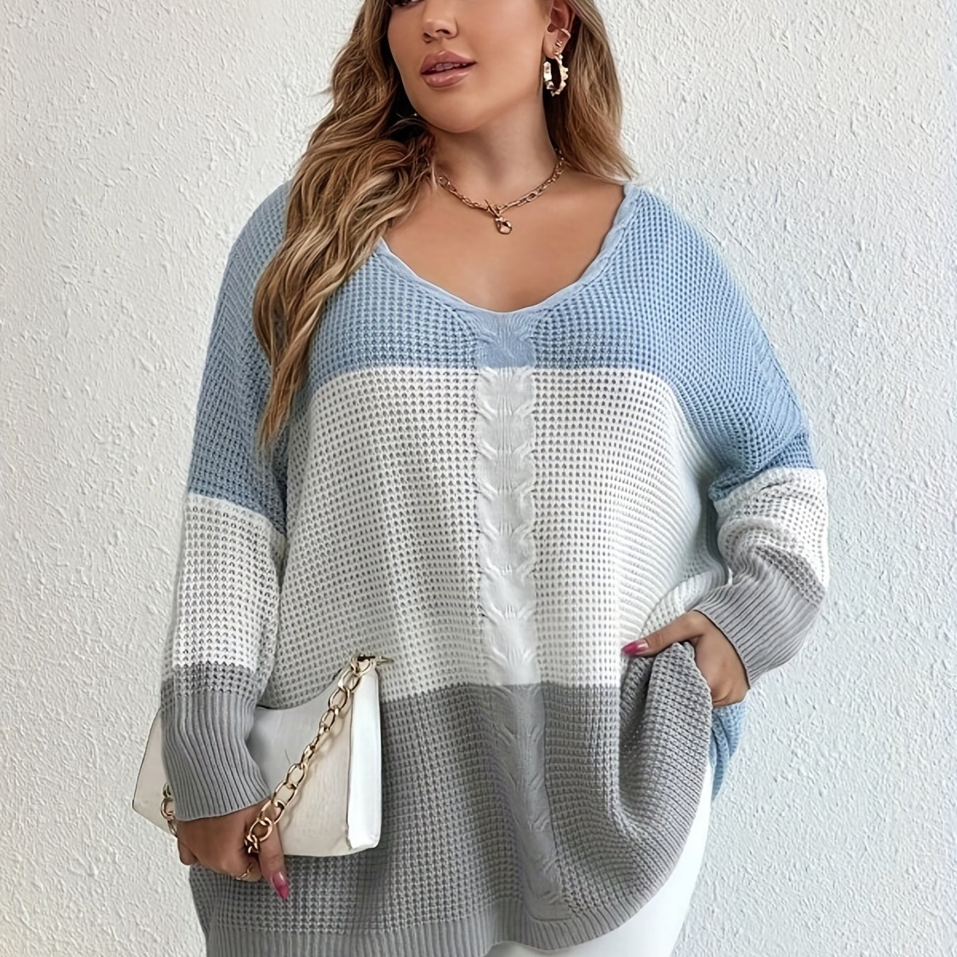  Colorblock Round Neck Bat Sleeve Sweater