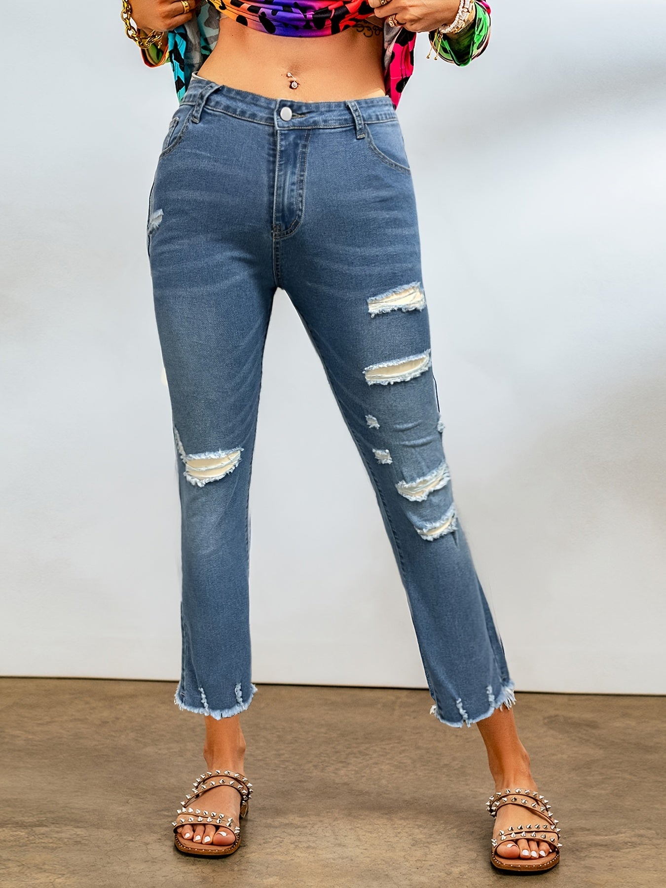  Casual Jeans Women Ripped Fringe Trim Flared Leg Jeans