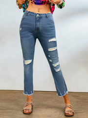  Casual Jeans Women Ripped Fringe Trim Flared Leg Jeans