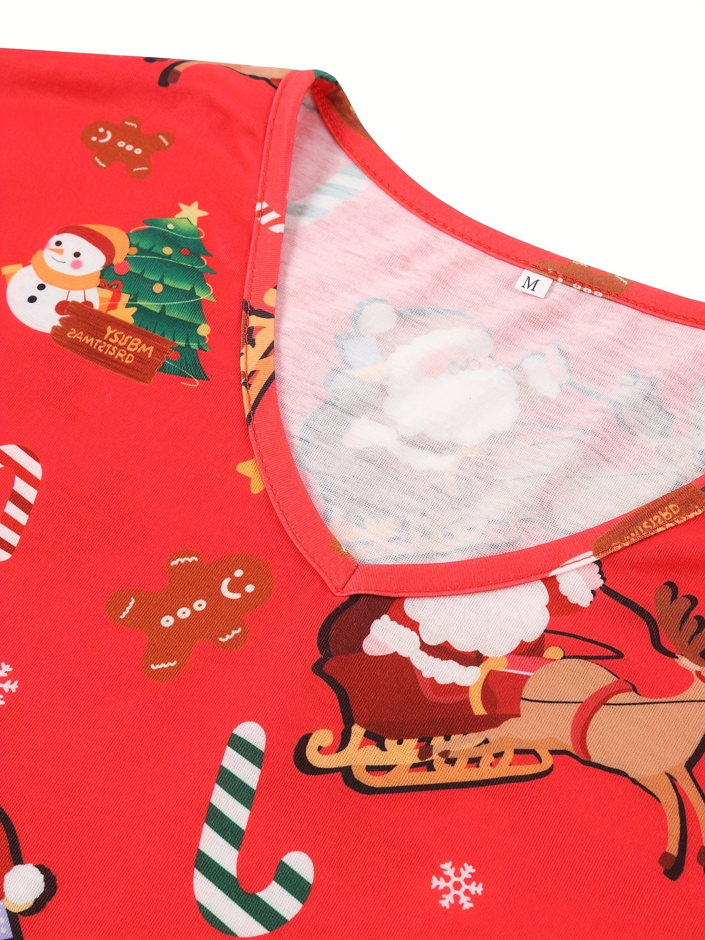 Christmas Cartoon Pajama Set Short Sleeve V Neck Top & Pants