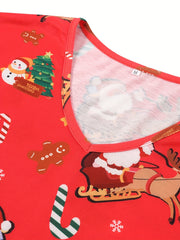 Christmas Cartoon Pajama Set Short Sleeve V Neck Top & Pants