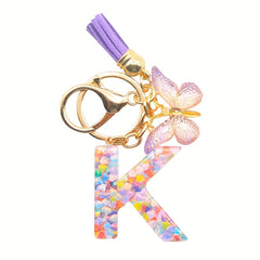 Resin Initial Letter Keychain with Tassel and Butterfly Pendant