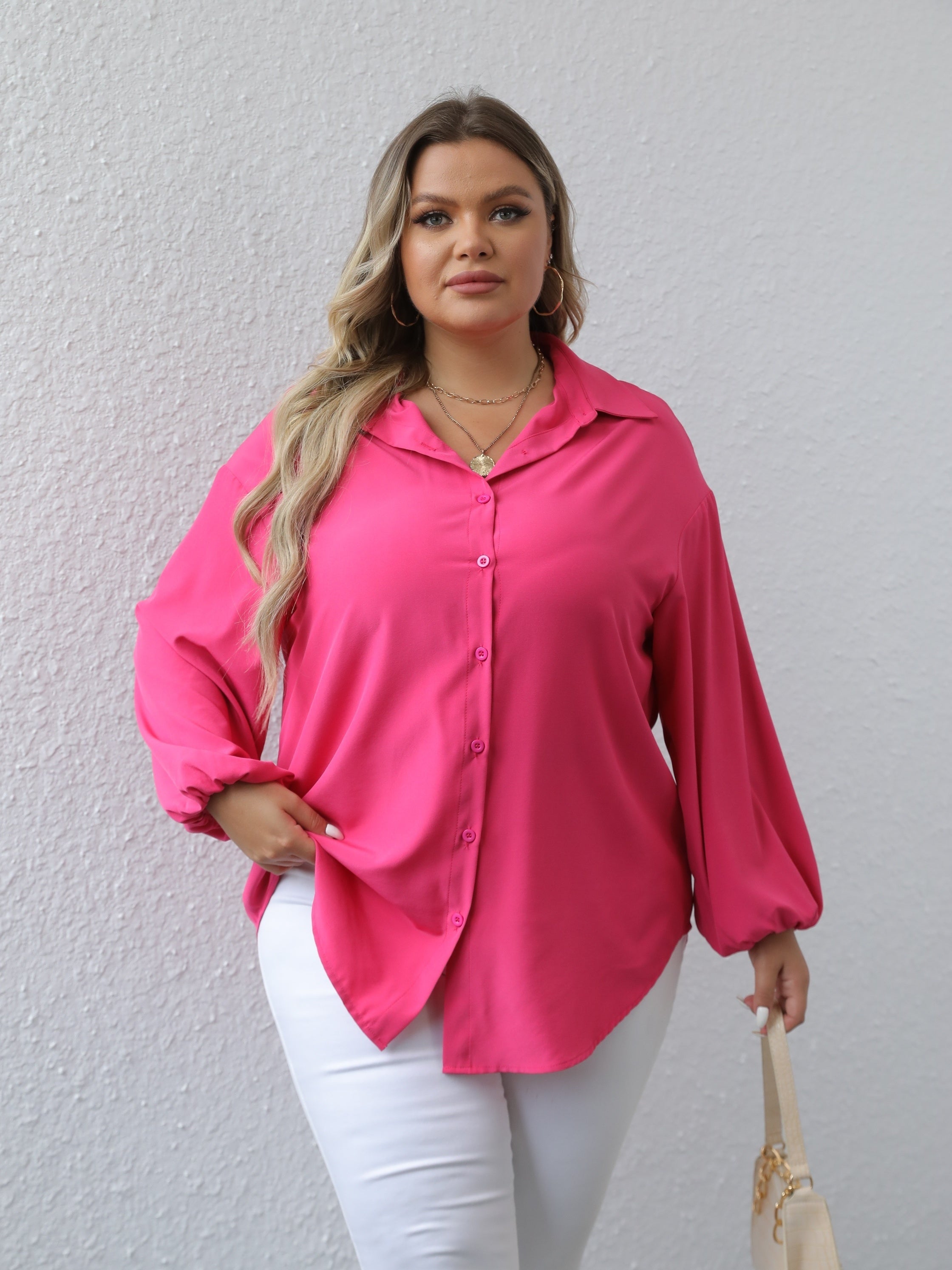  Solid Button Up Lantern Sleeve Blouse