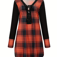  Plaid Print Raglan Sleeve Lace Up V Neck Top