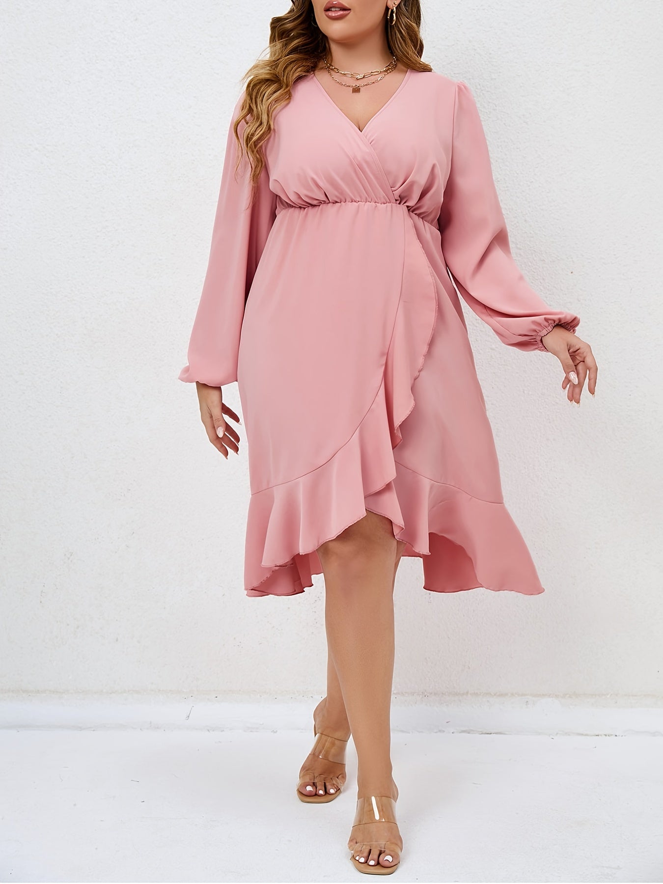 Plus Size Ruffle Trim Lantern Sleeve Midi Dress