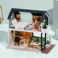 Wooden House Model Kit w/ Furniture Lights & 3D Puzzle - Kids Gift