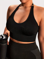 Ribbed Ring Decor Halter Neck Sports Bra
